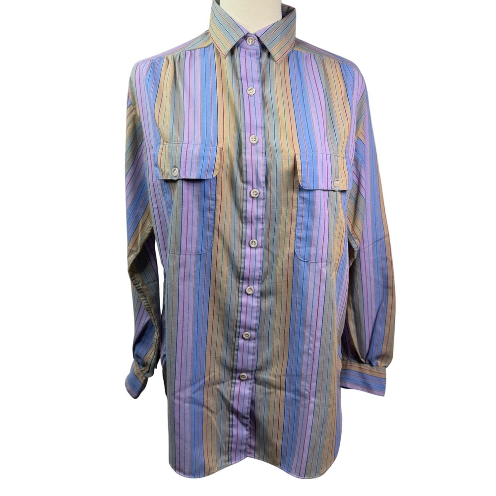 Vintage Shapely Striped Button Down Shirt Womens Medium Blue Purple Long Sleeve